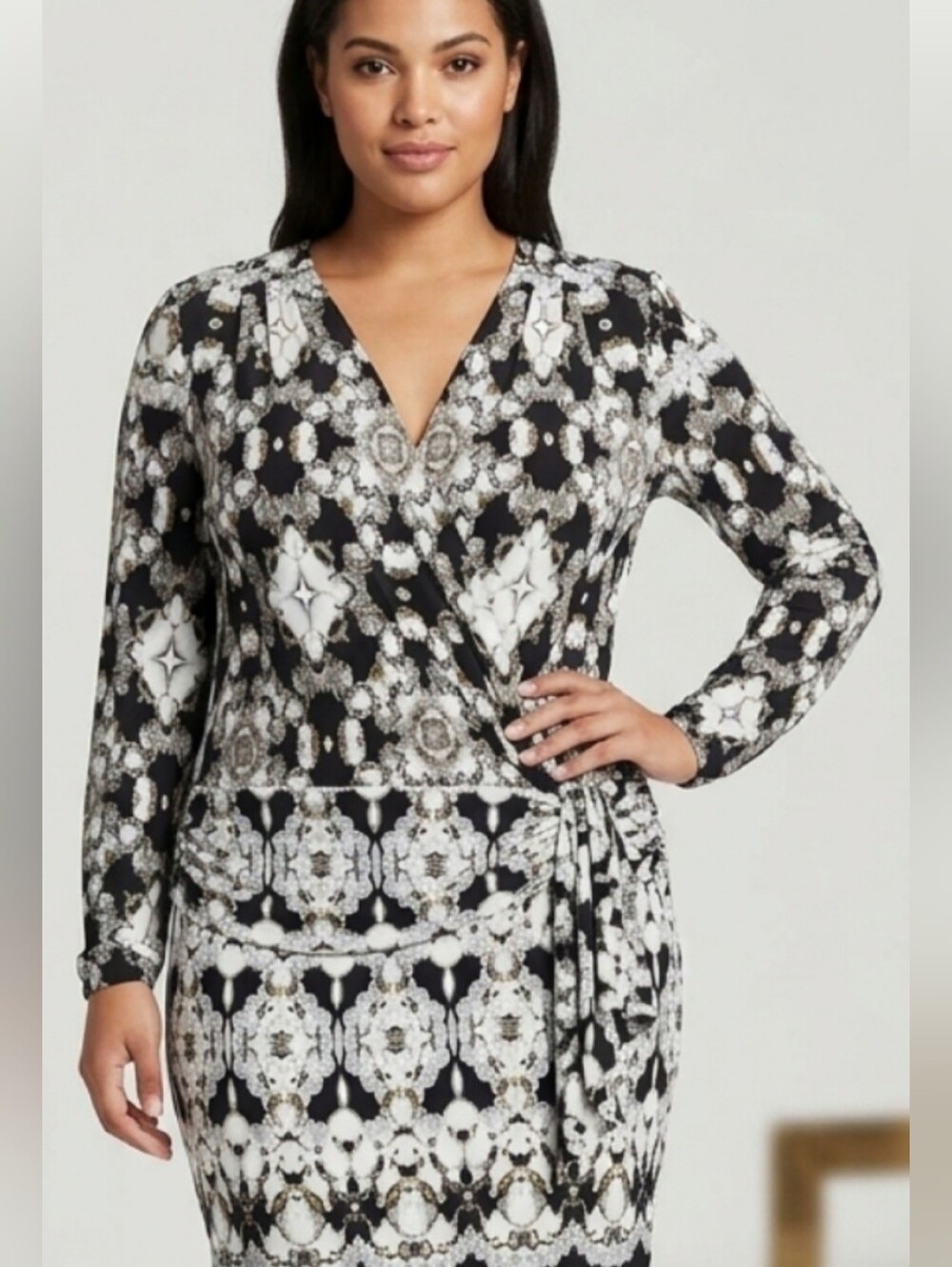 Cache Vintage Black, White & Gray Printed Long Sleeve Skirt Style Dress